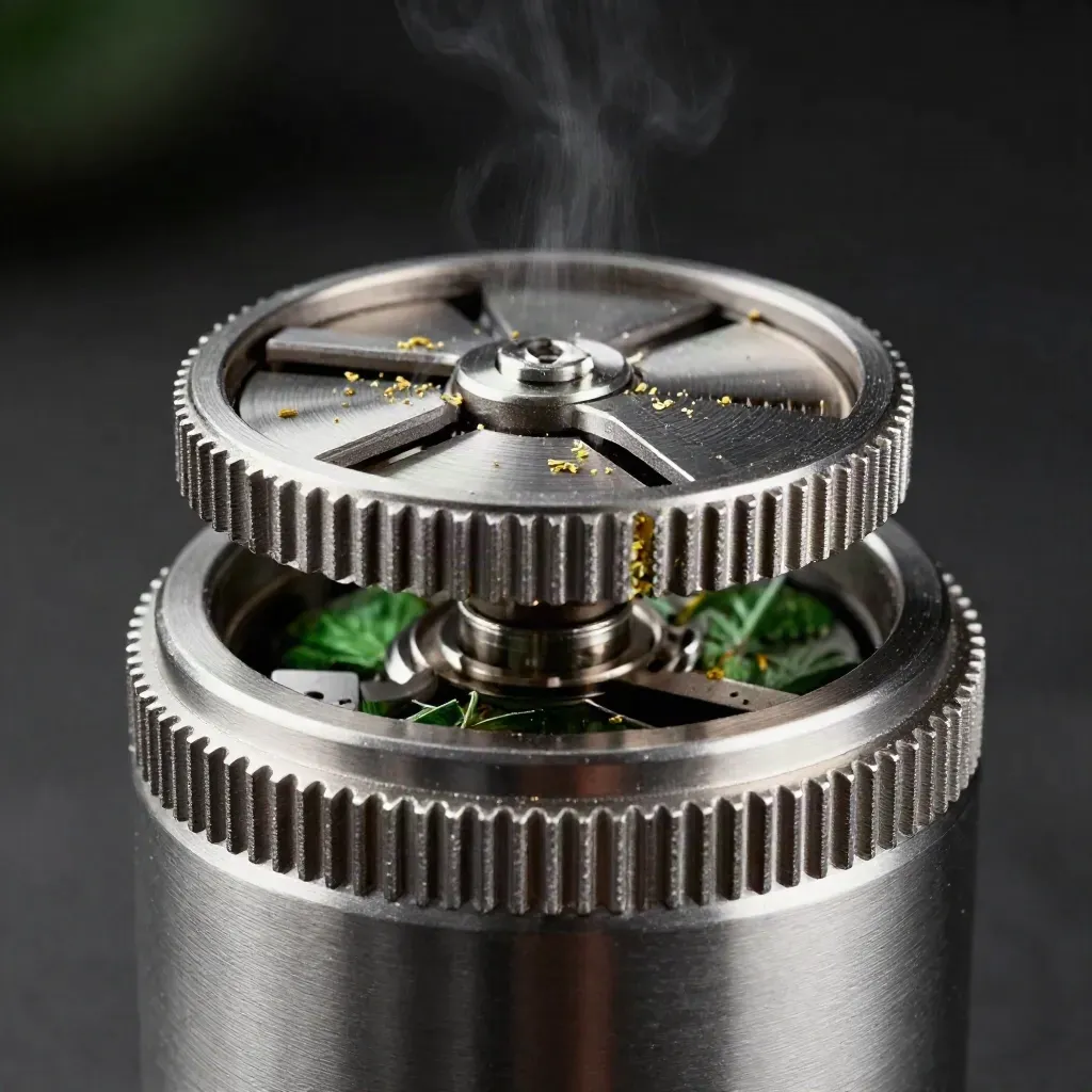 Makro eines geöffneten Aluminium-Grinders mit Kräuterkrümeln und metallischem Staub.