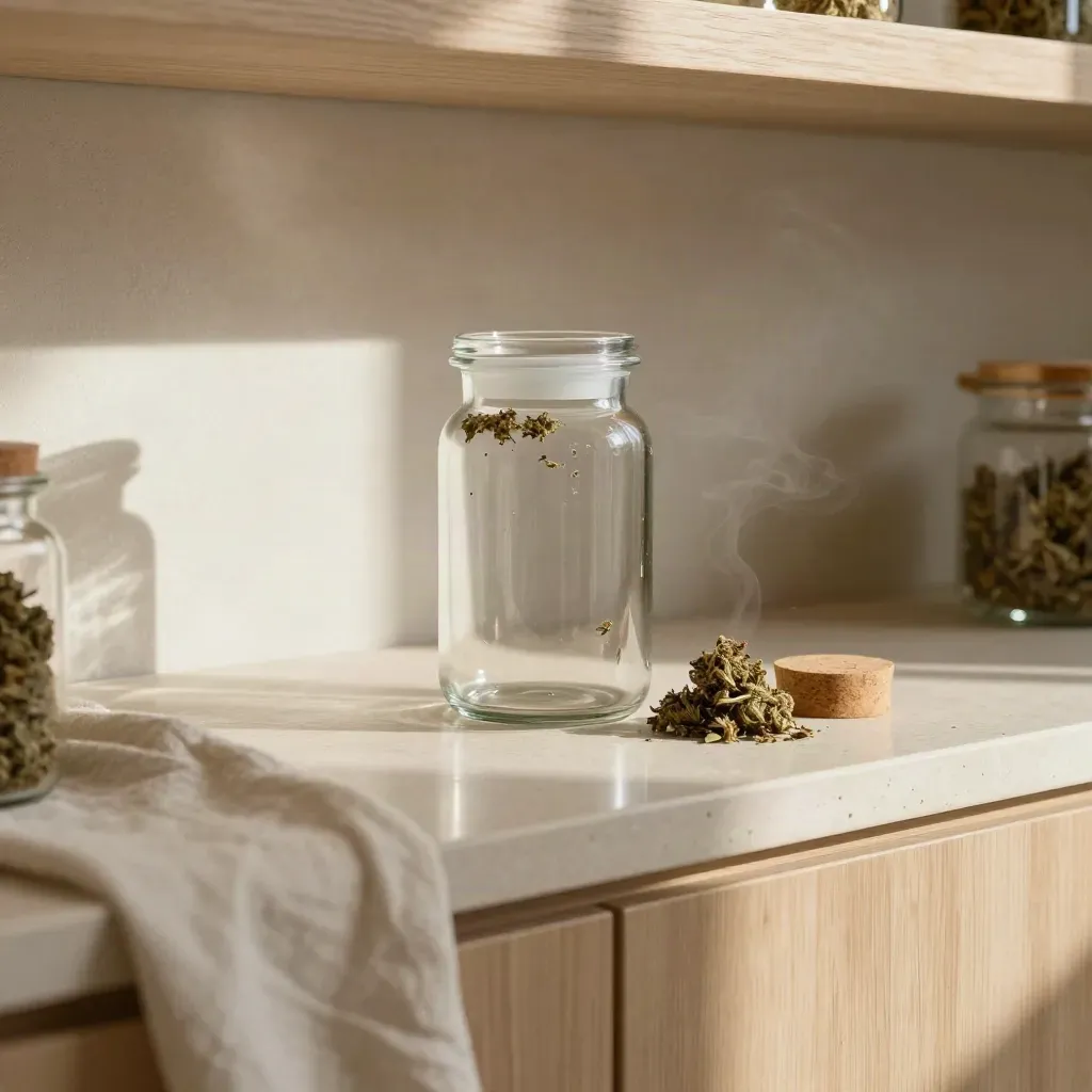 Luftdichtes Glas mit Hanfkrümeln, Buds und Korkdeckel auf hellem Stein.